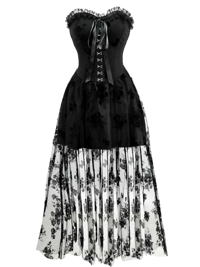 1970s Gothic Strapless Dark Bride Mesh Corset Dress - vintage dress, retro fashion