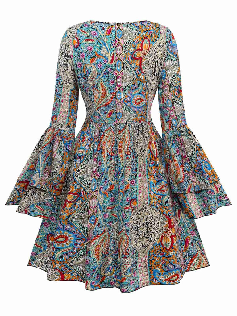 70s Dress Boho Paisley Print Bell Sleeve Mini Dress | 70s Fashion 70s Dress Boho Paisley Print Bell Sleeve Mini Dress | 70s Fashion
