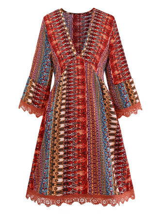 Multicolor 1970s Bohemian V-Neck Tiered Sleeve Dress - vintage dress, retro fashion, elegant red