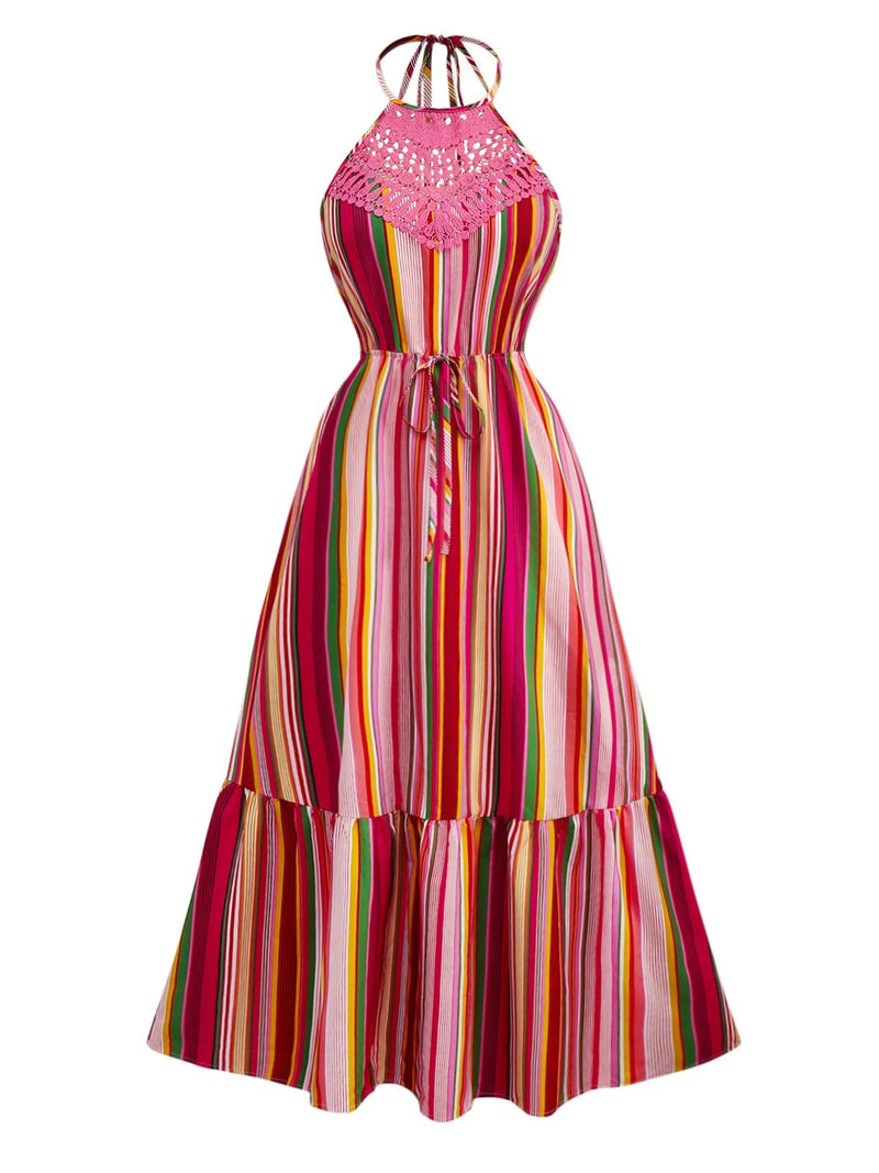multicolor halter dress Multicolor Halter Neck Linen Maxi Dress in Summer Beige-off White