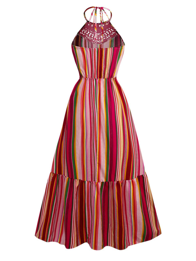 Multicolor 1970s Halter Rainbow Stripes Patchwork Dress - vintage dress, retro fashion