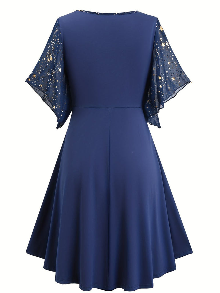 Women's Star Print Ruffle Flounce Sleeve Maxi Dress, Navy Blue / 1XL