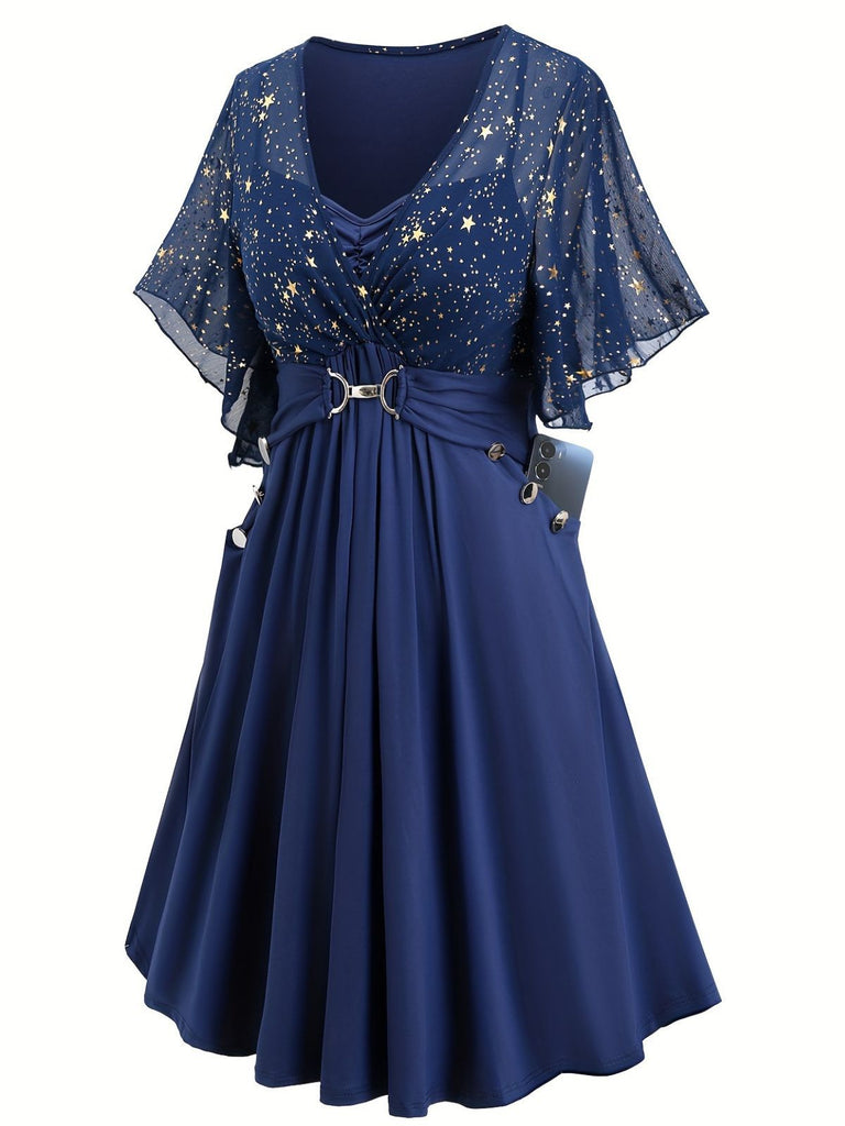 Women's Star Print Ruffle Flounce Sleeve Maxi Dress, Navy Blue / 1XL