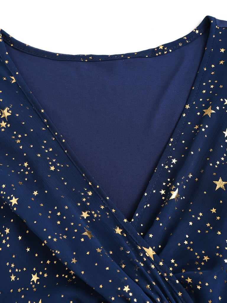 Women's Star Print Ruffle Flounce Sleeve Maxi Dress, Navy Blue / 1XL