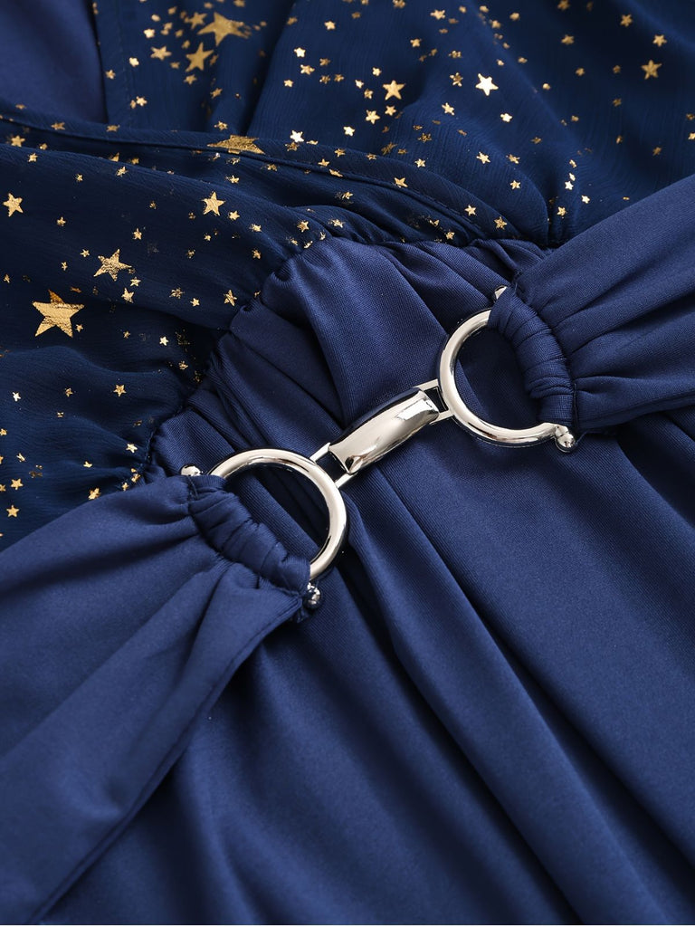 Women's Star Print Ruffle Flounce Sleeve Maxi Dress, Navy Blue / 1XL