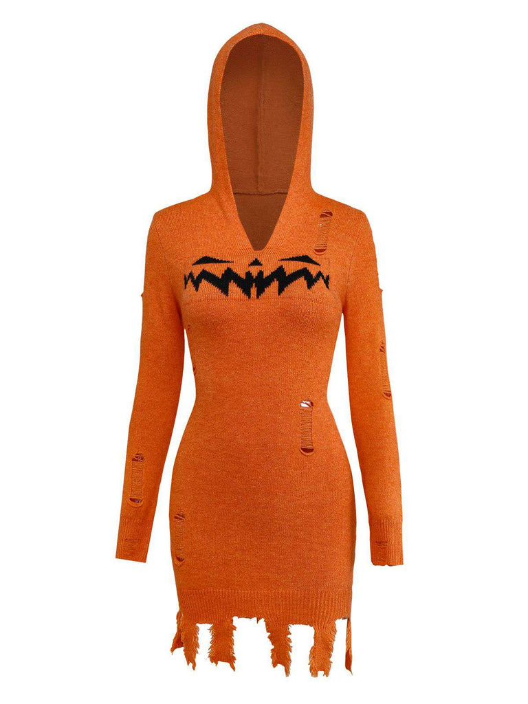Orange 1970s Halloween Distressed Pumpkin Knit Hoodie Dress - vintage dress, retro fashion