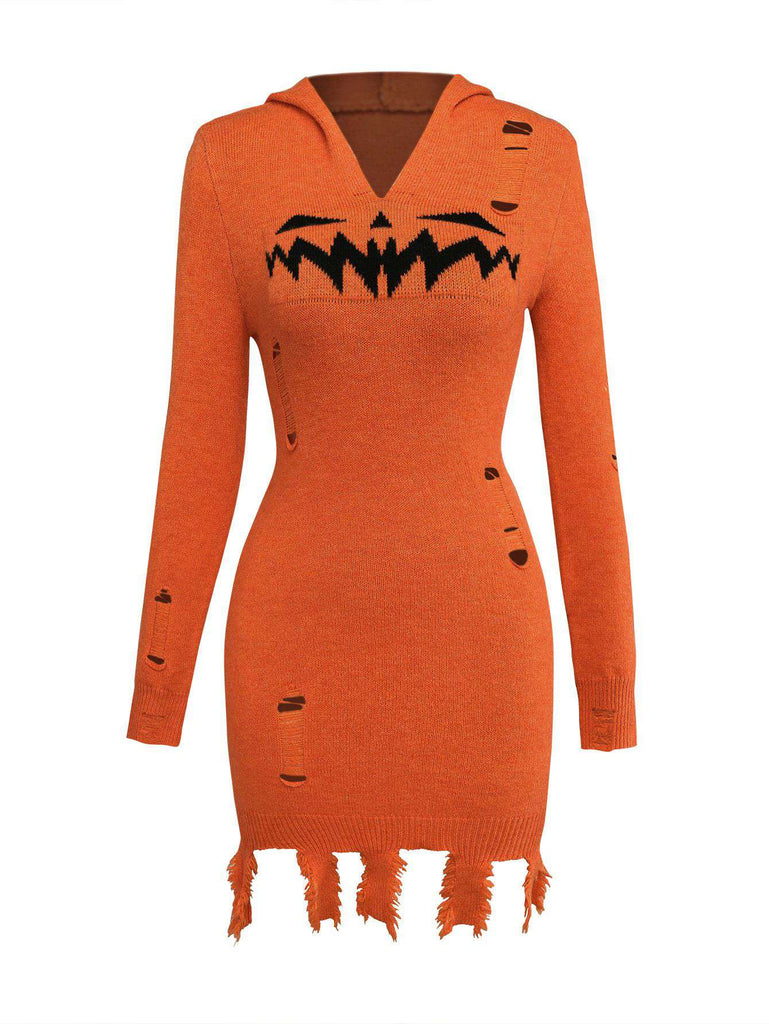 Orange 1970s Halloween Distressed Pumpkin Knit Hoodie Dress - vintage dress, retro fashion