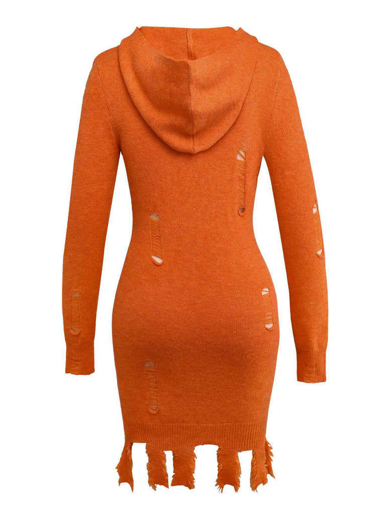 Orange 1970s Halloween Distressed Pumpkin Knit Hoodie Dress - vintage dress, retro fashion