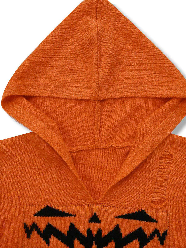 Orange 1970s Halloween Distressed Pumpkin Knit Hoodie Dress - vintage dress, retro fashion