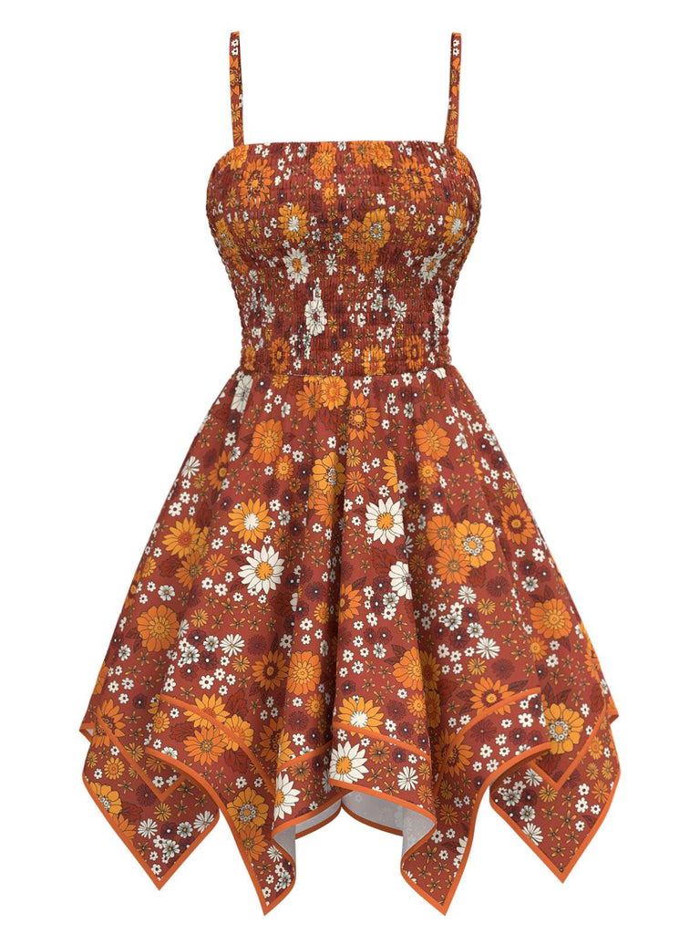 Orange 1970s Hippie Floral Irregular Hem Strap Dress Orange 1970s Hippie Floral Irregular Hem Strap Dress