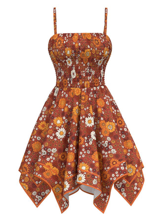 Orange 1970s Hippie Floral Irregular Hem Strap Dress - vintage dress, retro fashion
