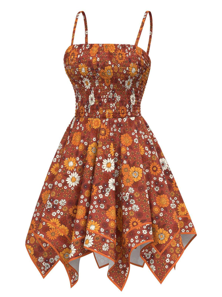 Orange 1970s Hippie Floral Irregular Hem Strap Dress Orange 1970s Hippie Floral Irregular Hem Strap Dress