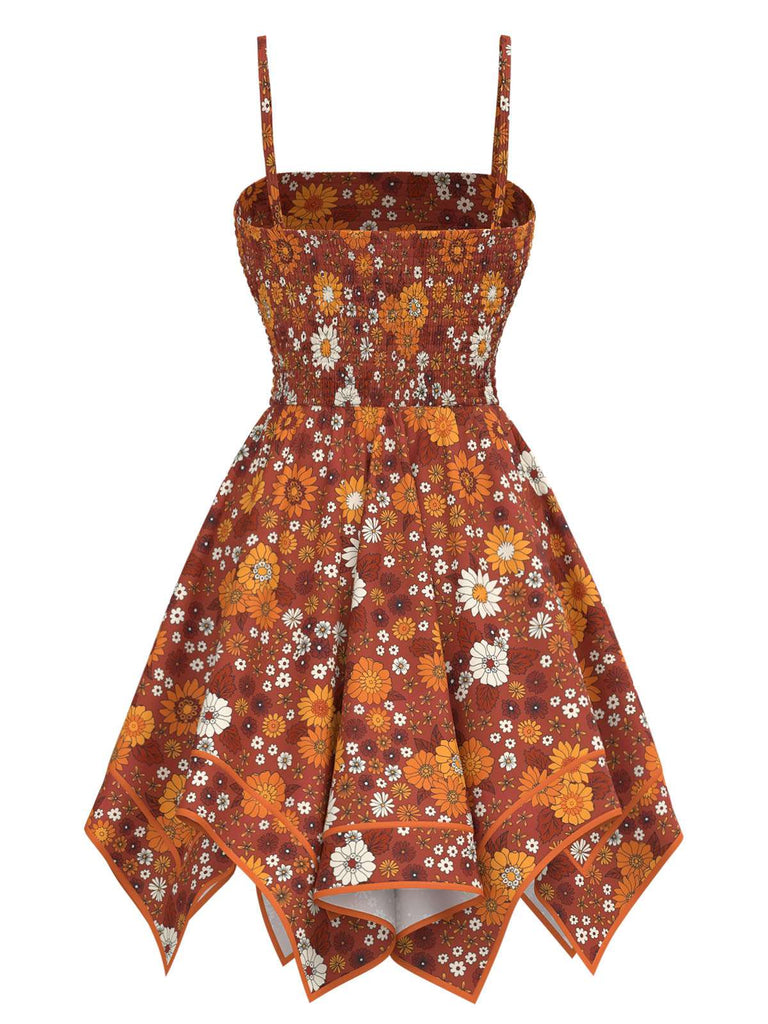 Orange 1970s Hippie Floral Irregular Hem Strap Dress Orange 1970s Hippie Floral Irregular Hem Strap Dress