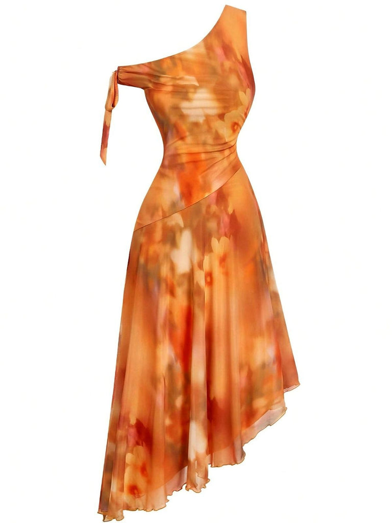 Women's One-Shoulder Mesh Asymmetrical Hem Midi Dress for Spring Picnic Daily Casual Orange Women's One-Shoulder Mesh Asymmetrical Hem Midi Dress for Spring Picnic Daily Casual Orange