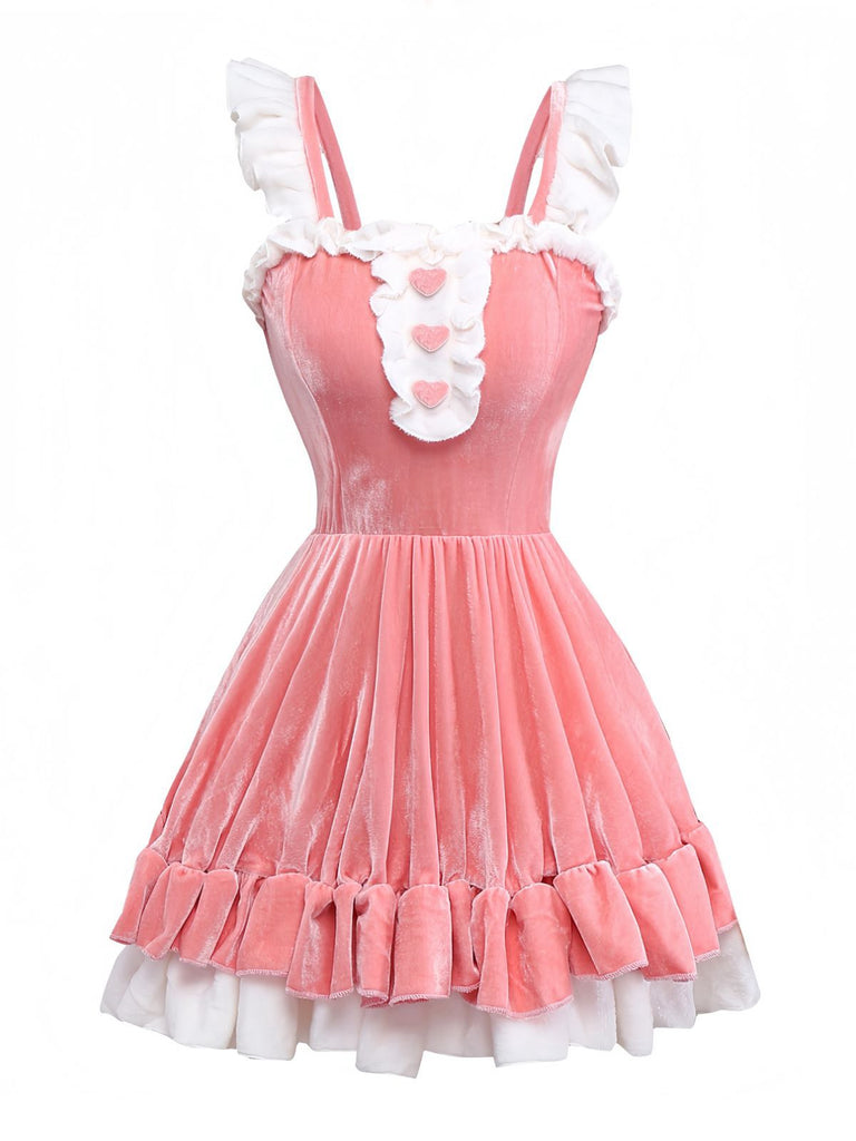 Pink 1970s Christmas Velvet Ruffle Bunny Girl Dress Set - vintage dress, retro fashion