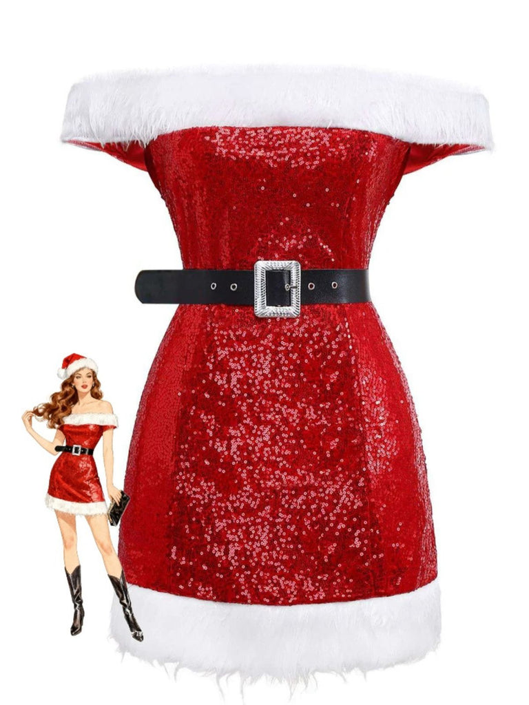 Red 1970s Christmas Sequined Off-Shoulder Plush Trim Dress - vintage dress, retro fashion, elegant red
