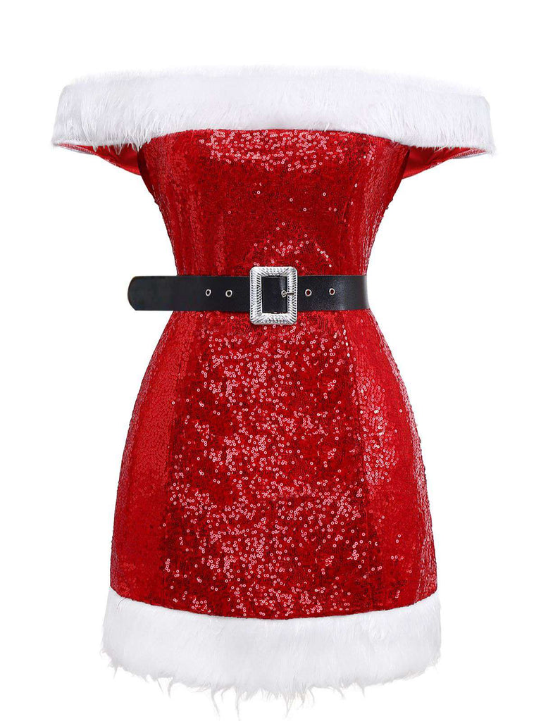 Red 1970s Christmas Sequined Off-Shoulder Plush Trim Dress - vintage dress, retro fashion, elegant red