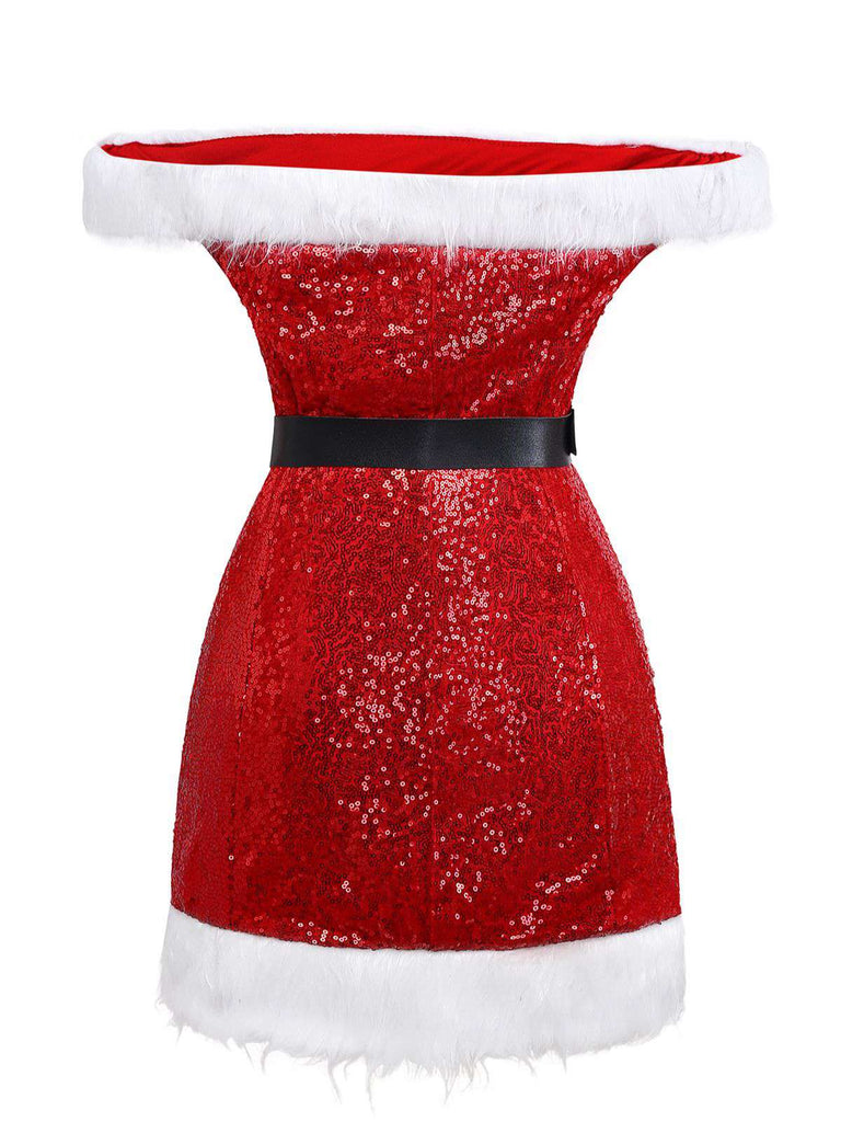Red 1970s Christmas Sequined Off-Shoulder Plush Trim Dress - vintage dress, retro fashion, elegant red
