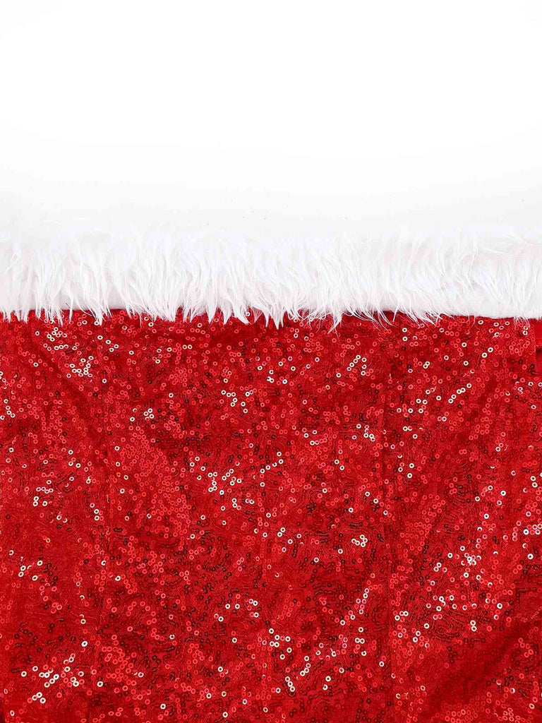 Red 1970s Christmas Sequined Off-Shoulder Plush Trim Dress - vintage dress, retro fashion, elegant red