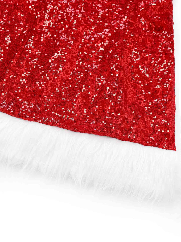 Red 1970s Christmas Sequined Off-Shoulder Plush Trim Dress - vintage dress, retro fashion, elegant red