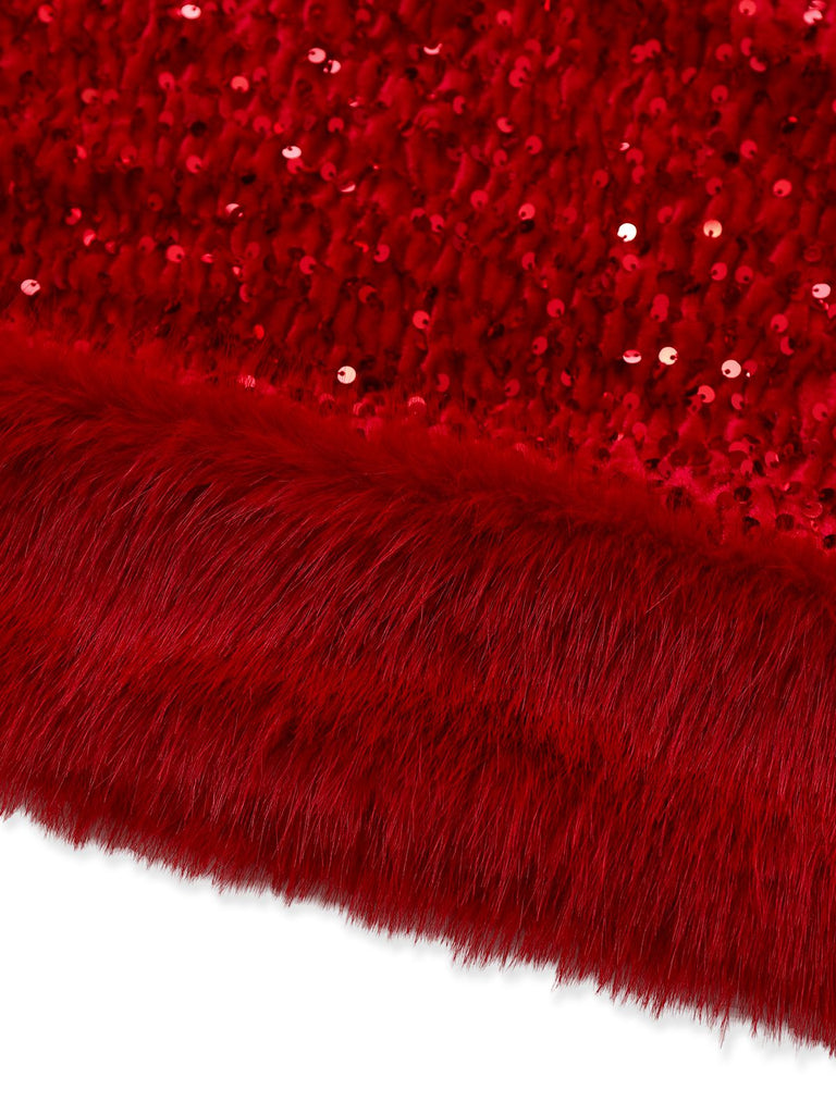 Red 1970s Velvet Sequin Faux Fur Trim Strapless Dress - vintage dress, retro fashion, elegant red