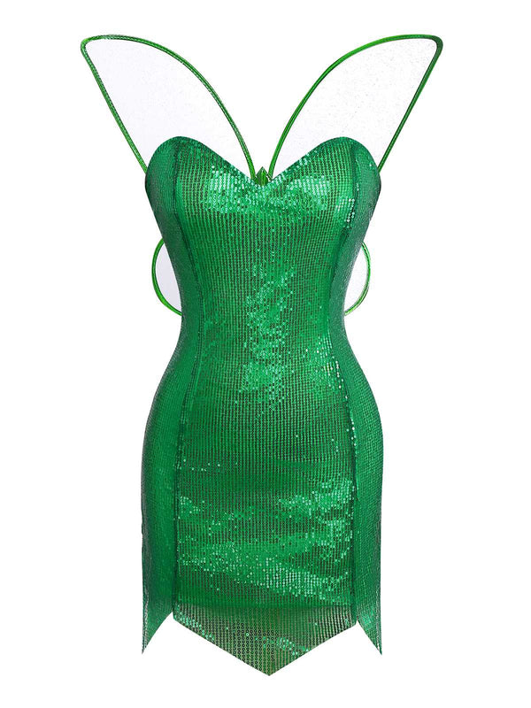 Tinkerbell Costume Fairy Glitter Sparkling Mini Dress with Wings Green
