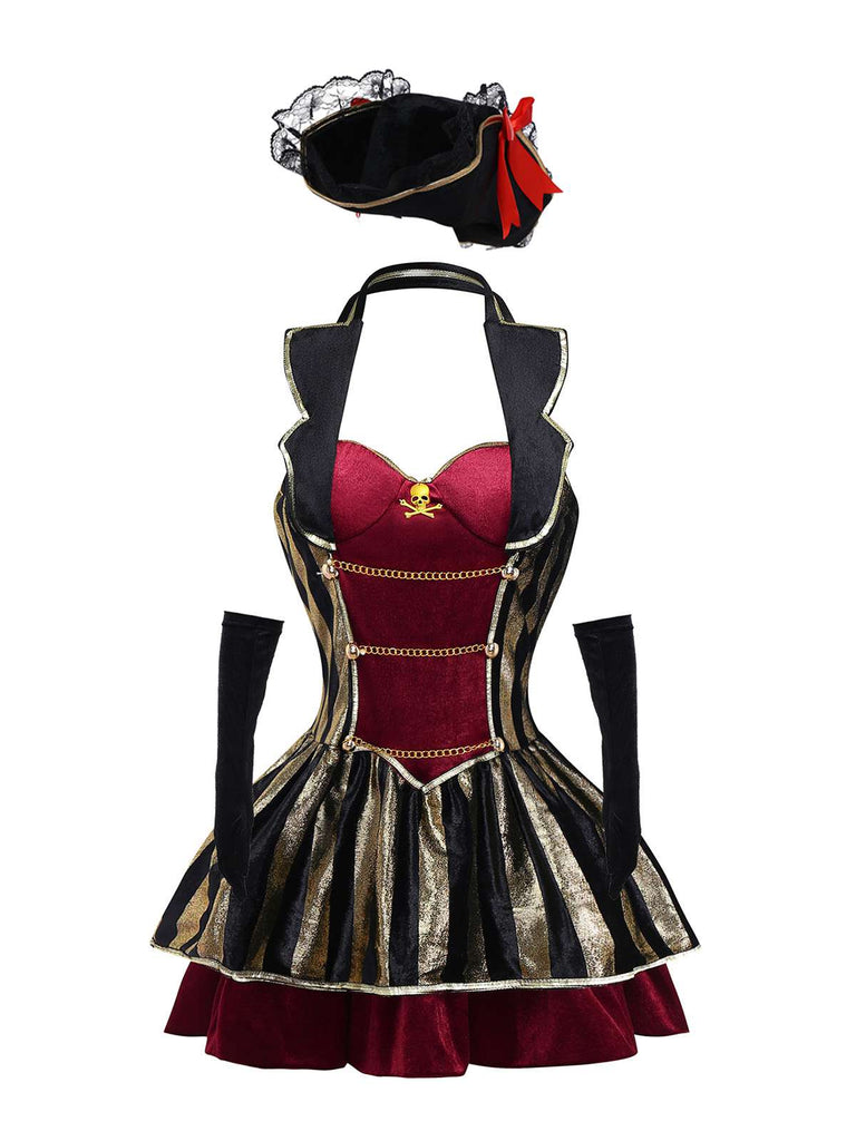 Wine Red 1970s Halloween Velvet Pirate Captain Dress - vintage dress, retro fashion, elegant red