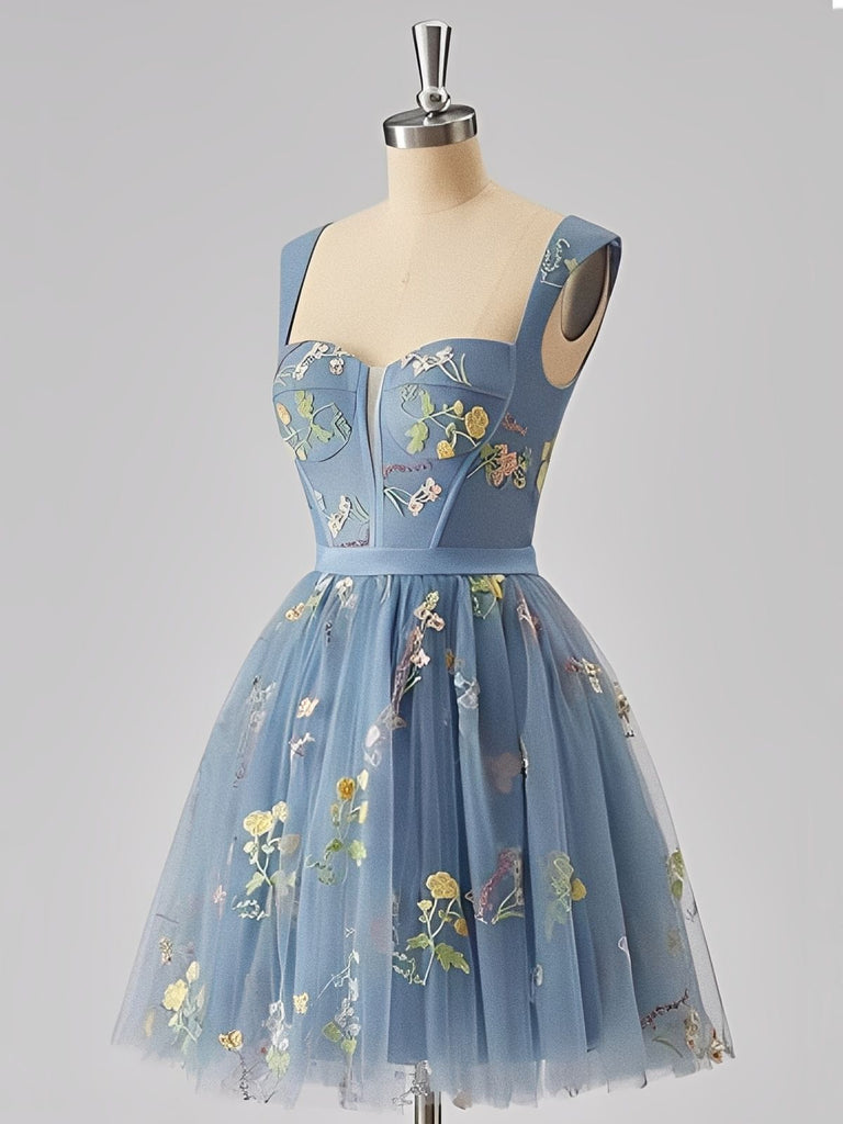 A-line Cocktail Dress Embroidered Floral Tulle Mini Dress with Sweetheart Neck A-line Cocktail Dress Embroidered Floral Tulle Mini Dress with Sweetheart Neck
