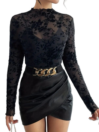 1970s Flocked Floral Mesh Half Turtleneck Slim Top - vintage fashion, retro style