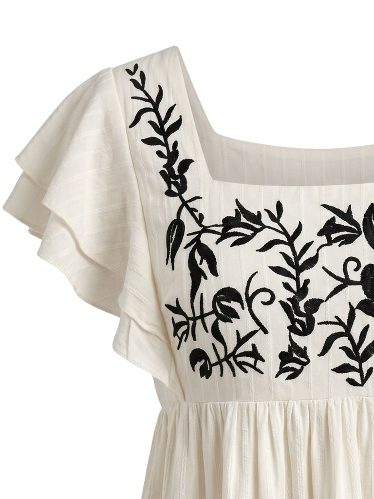 1970s Floral Embroidered Flutter Sleeve Babydoll Top, vintage top, retro blouse - perfect for women who love vintage and retro fashion