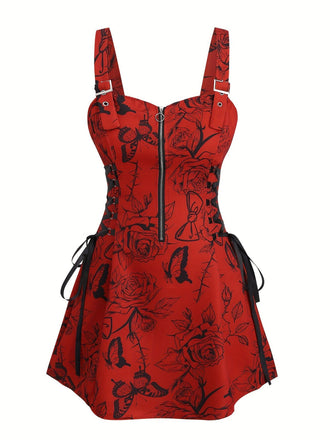 1970s Floral Steampunk Zipper Dress - vintage dress, retro fashion