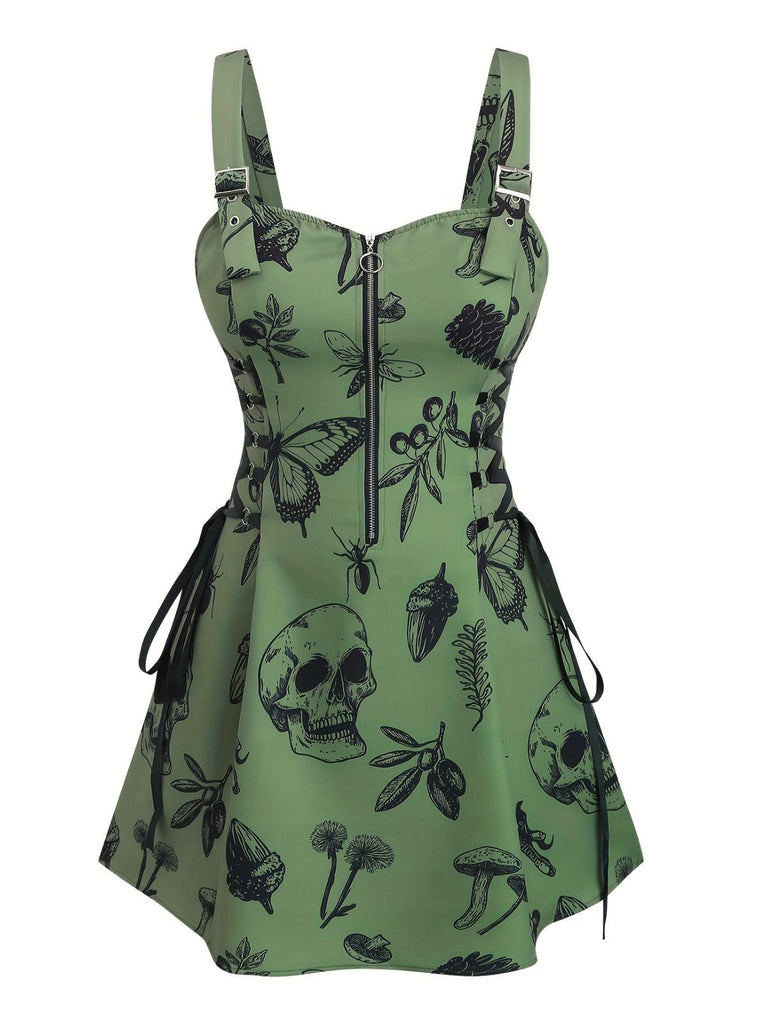 Plus Size Gothic Punk Dress Skull Print Straps Front Zipper Mini Dress