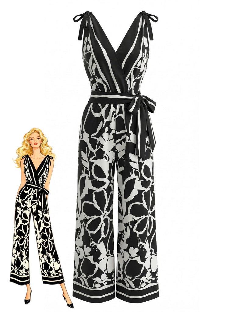 1970s Floral V-Neck Sleeveless Wide Leg Jumpsuit