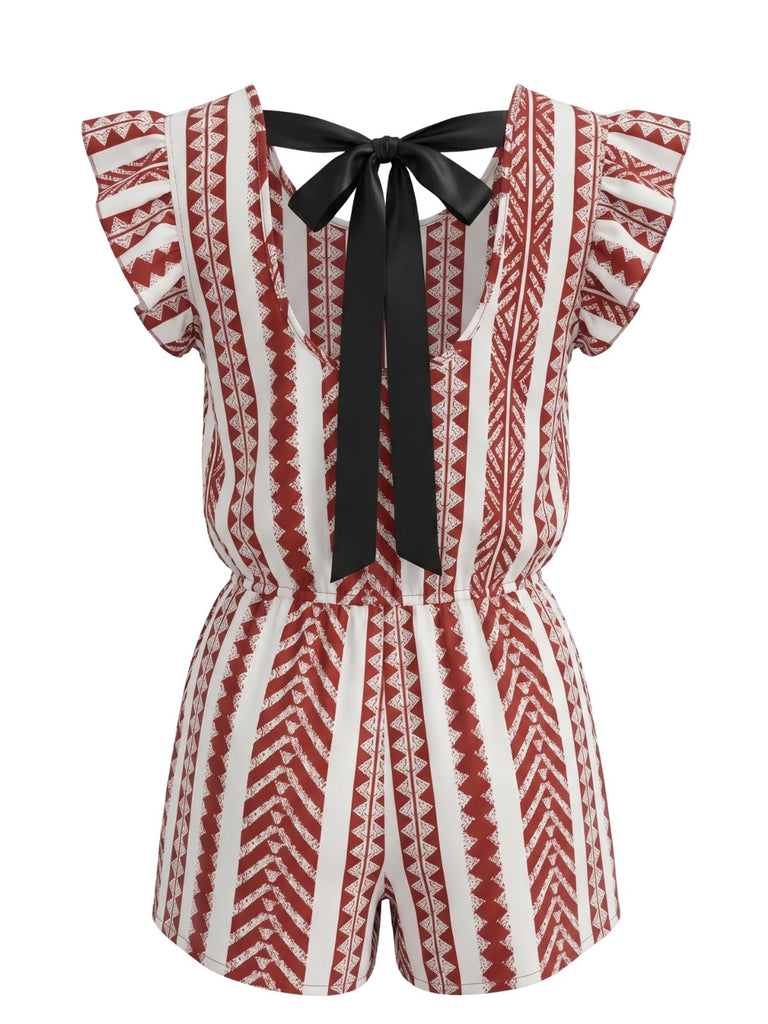 Red 1940s Print Striped Ruffle Romper 9