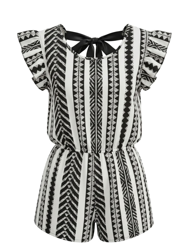 Red 1940s Print Striped Ruffle Romper 7