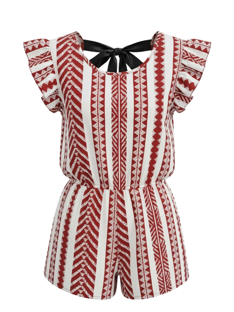 Red 1940s Print Striped Ruffle Romper 8