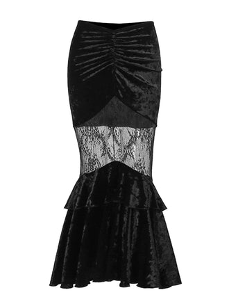 1970s Gothic Velvet Lace Tiered Mermaid Skirt, vintage skirt, retro style - perfect for women who love vintage and retro fashion