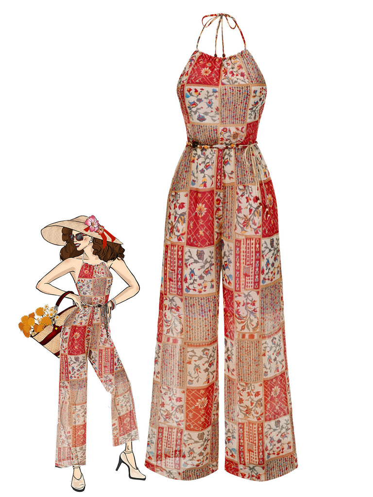 1970s Halter Boho Floral Bead Jumpsuit - vintage jumpsuit, retro fashion
