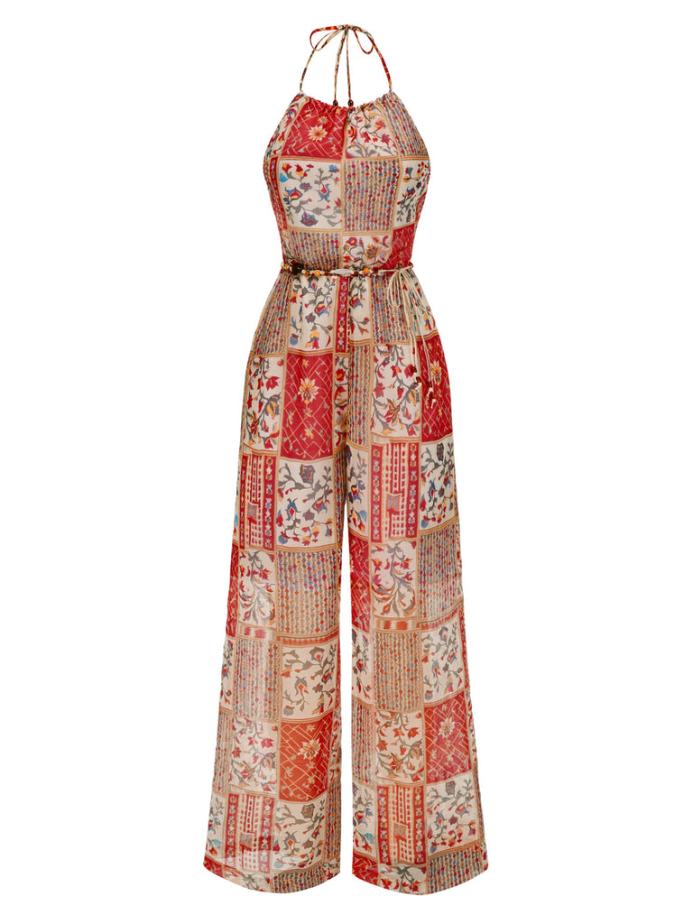 1970s Halter Boho Floral Bead Jumpsuit - vintage jumpsuit, retro fashion