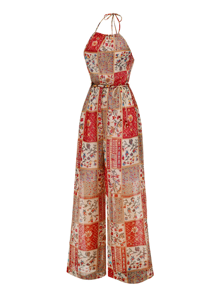 1970s Halter Boho Floral Bead Jumpsuit - vintage jumpsuit, retro fashion