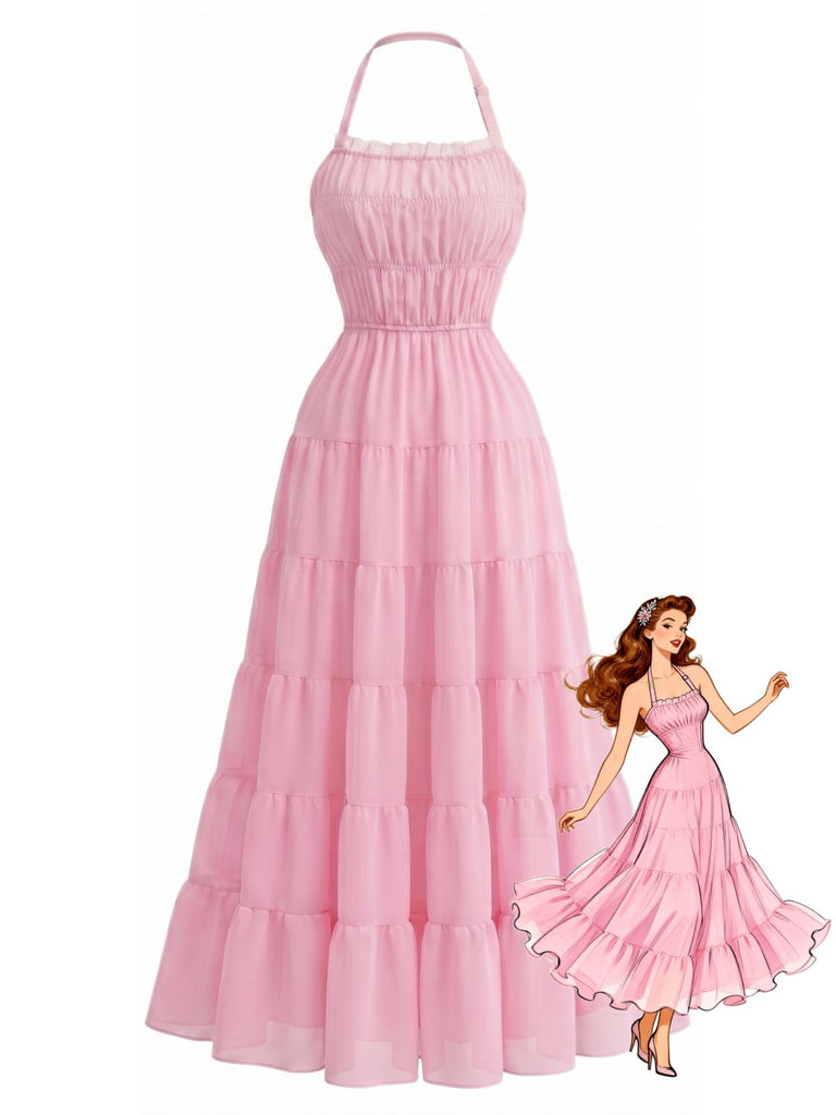 1970s Halter Chiffon Shirred Backless Tiered Maxi Dress, vintage dress, retro fashion - perfect for women who love vintage and retro fashion