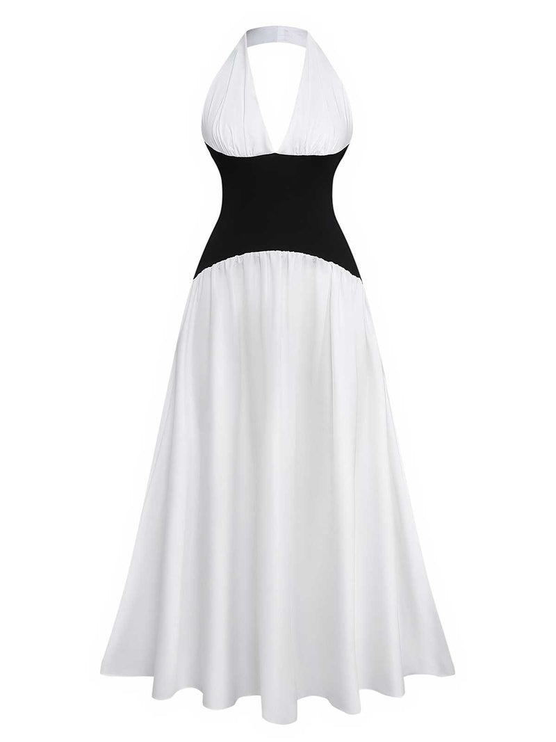 A-line Formal Dress Halter Deep V-Neck Colorblock Maxi Dress Cocktail Party Dress
