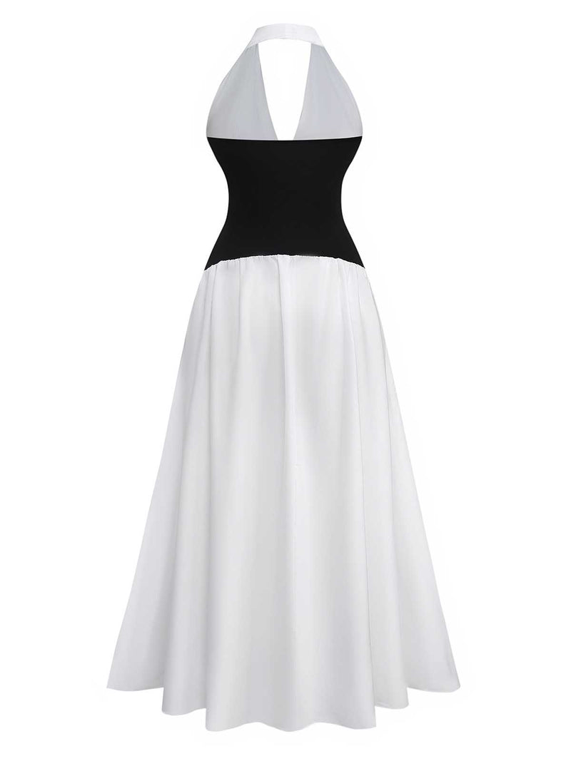 halter neck dress 70s 1970s Deep V-Neck Colorblock Maxi 70s dresses vintage