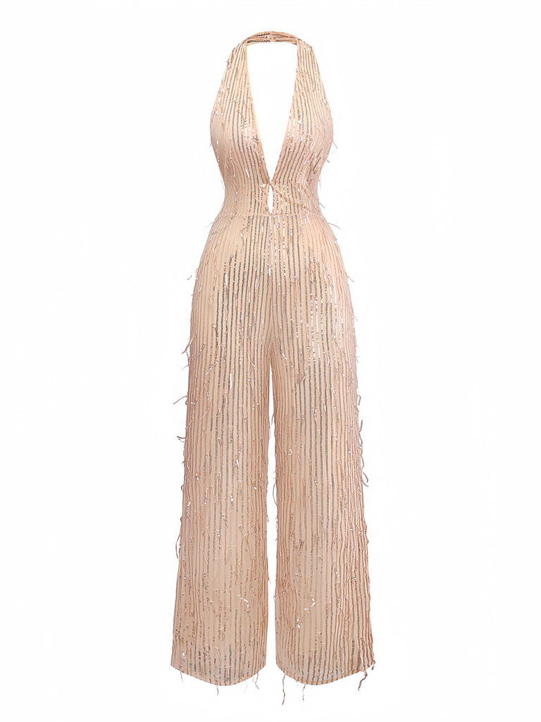 1970s Halter Deep V-Neck Sequin Fringe Jumpsuit - vintage jumpsuit, retro fashion