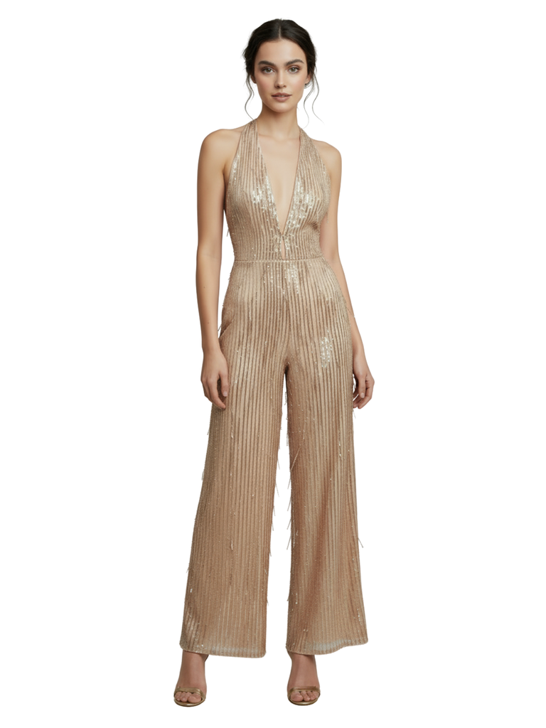 1970s Halter Deep V-Neck Sequin Fringe Jumpsuit - vintage jumpsuit, retro fashion