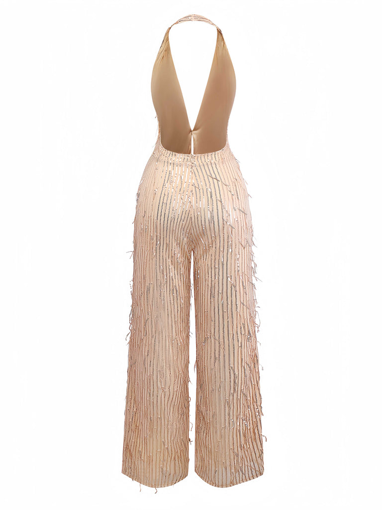 1970s Halter Deep V-Neck Sequin Fringe Jumpsuit - vintage jumpsuit, retro fashion