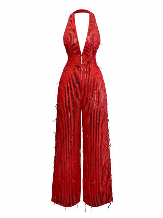 1970s Halter Deep V-Neck Sequin Fringe Jumpsuit - vintage jumpsuit, retro fashion