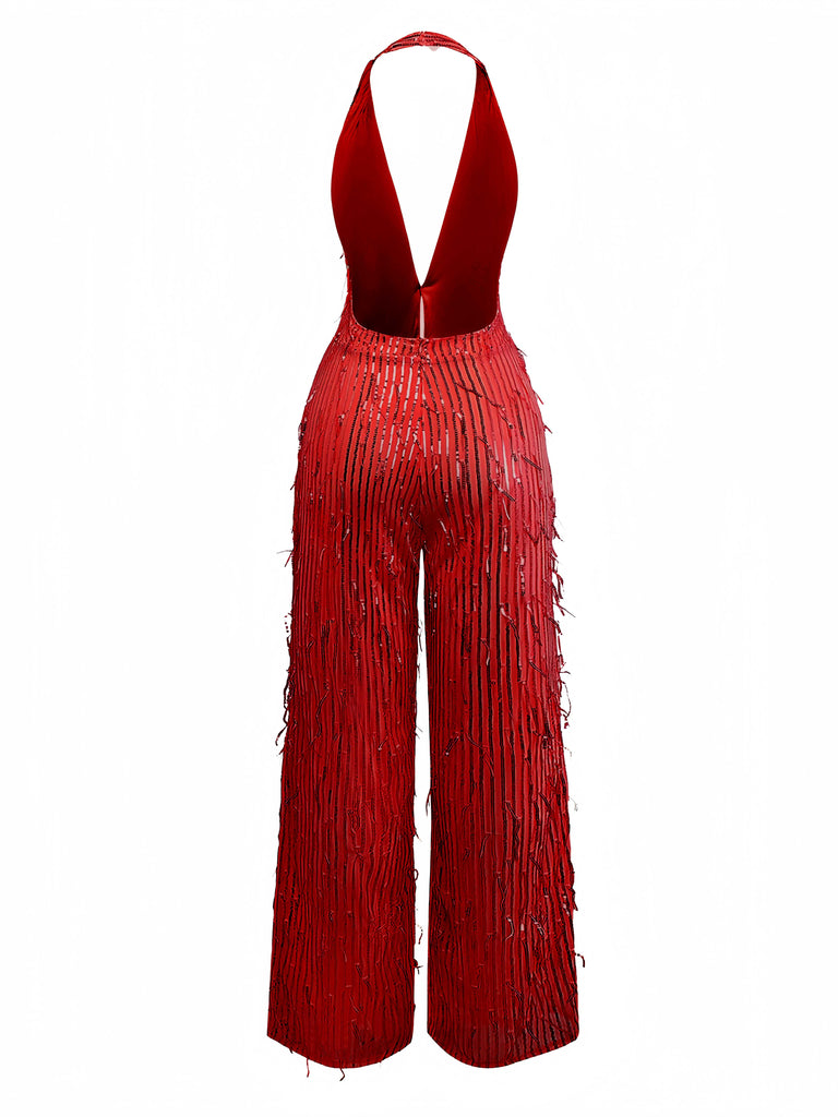 1970s Halter Deep V-Neck Sequin Fringe Jumpsuit - vintage jumpsuit, retro fashion