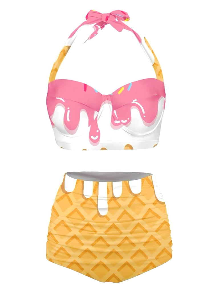 This 1970s Halter Ice- Cone High-Waist Bikini carries 1970s vacation dreams in every stitch
