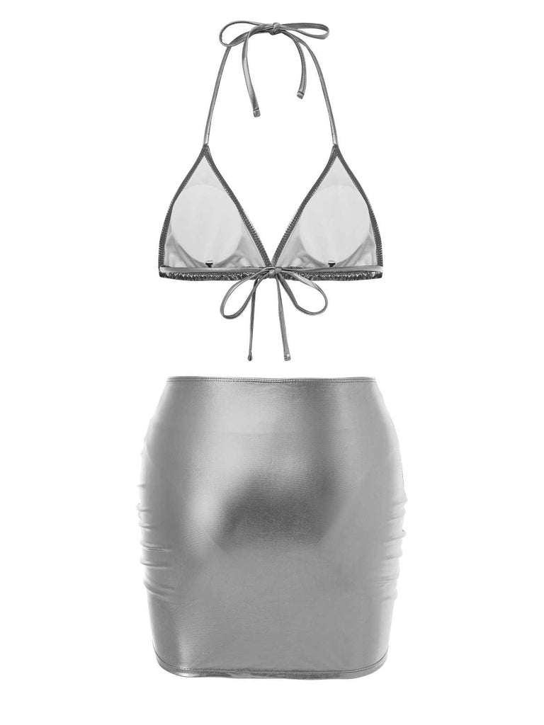 This 1970s Halter Metallic Bikini & Ruched Cover-Up carries 1970s vacation dreams in every stitch